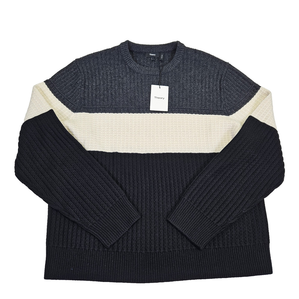 NWT Theory Lamar Crewneck Sweater Mens XL Montana Wool Cashmere Stripe Navy Gray